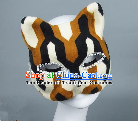 Handmade Exaggerate Fancy Ball Accessories Model Show Crystal Cat Brown Mask, Halloween Ceremonial Occasions Face Mask