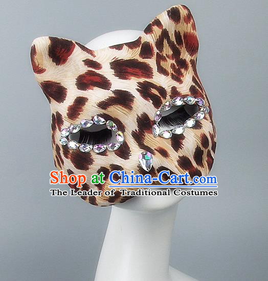 Handmade Exaggerate Fancy Ball Accessories Model Show Crystal Mask, Halloween Ceremonial Occasions Cat Face Mask