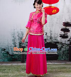 Traditional Ancient Chinese Manchu Nobility Lady Rosy Xiuhe Suit Costume, Asian Chinese Qing Dynasty Embroidered Dress Clothing for Women