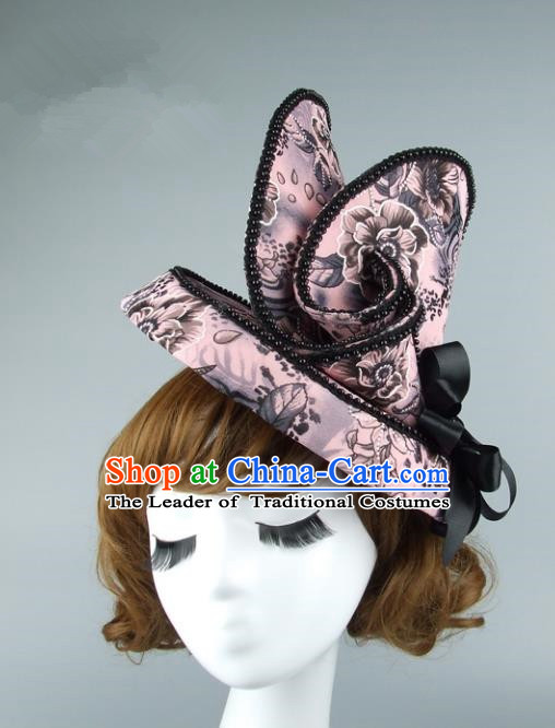 Top Grade Handmade Wedding Hair Accessories Model Show Pink Top Hat, Baroque Style Bride Deluxe Headwear for Women