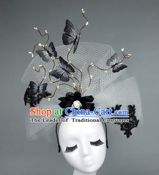 Top Grade Handmade Halloween Hair Accessories Model Show Butterfly White Veil Hair Stick, Baroque Style Deluxe Headwear for Women
