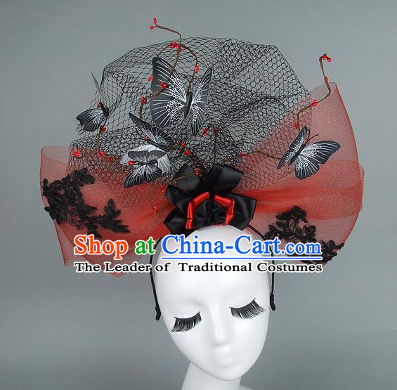 Top Grade Handmade Halloween Hair Accessories Model Show Butterfly Red Veil Hair Stick, Baroque Style Deluxe Headwear for Women