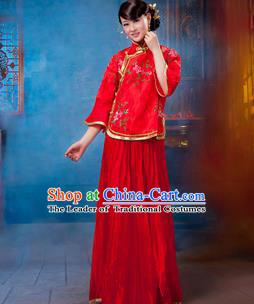 Traditional Ancient Chinese Manchu Nobility Lady Red Xiuhe Suit Costume, Asian Chinese Qing Dynasty Embroidered Dress Clothing for Women