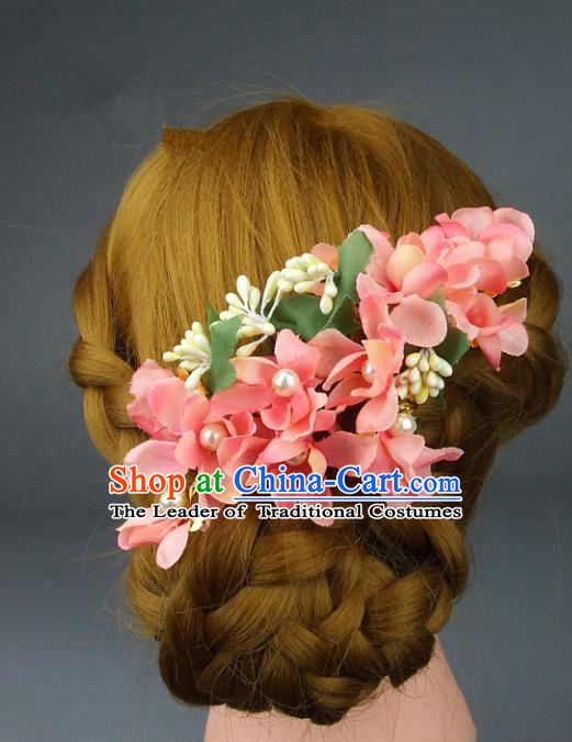 Top Grade Handmade Wedding Hair Accessories Pink Flowers Headpiece, Baroque Style Bride Headwear for Women