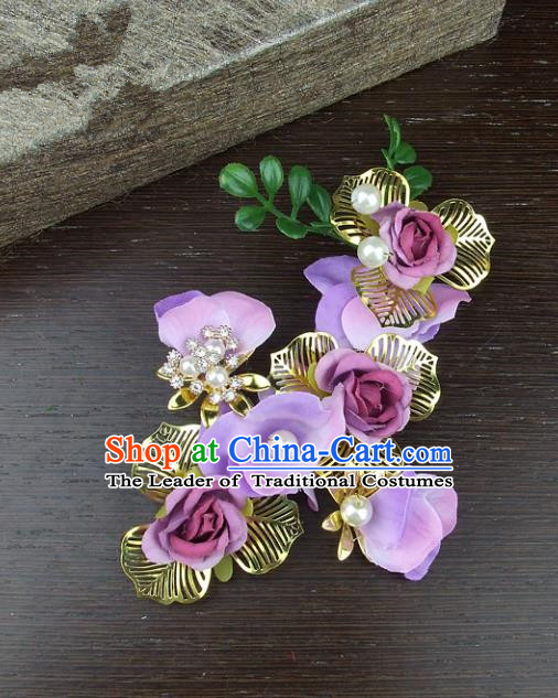 Top Grade Handmade Wedding Hair Accessories Purple Headdress Silk Flowers, Baroque Style Bride Headwear for Women