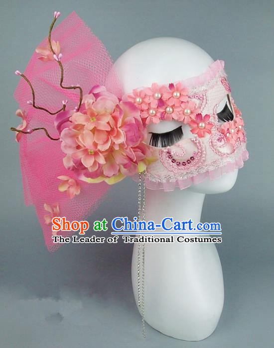 Top Grade Handmade Exaggerate Fancy Ball Accessories Model Show Pink Veil Mask, Halloween Ceremonial Occasions Face Mask