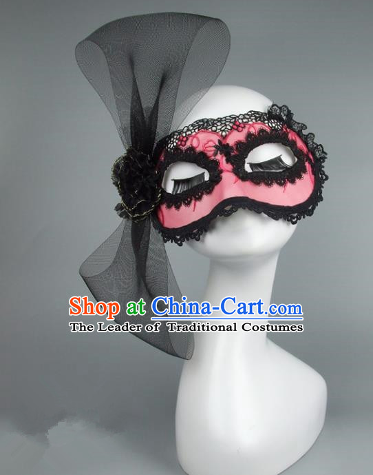 Top Grade Handmade Exaggerate Fancy Ball Accessories Model Show Pink Lace Mask, Halloween Ceremonial Occasions Face Mask