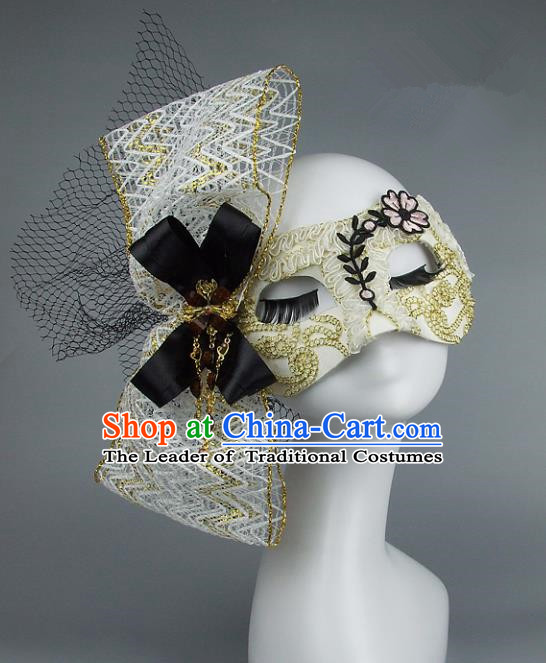 Top Grade Handmade Exaggerate Fancy Ball Accessories Model Show White Lace Bowknot Mask, Halloween Ceremonial Occasions Face Mask