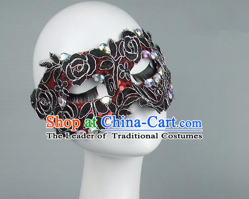 Top Grade Handmade Exaggerate Fancy Ball Model Show Red Crystal Mask, Halloween Ceremonial Occasions Face Mask