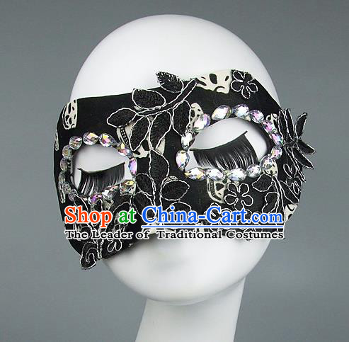 Top Grade Handmade Exaggerate Fancy Ball Model Show Black Lace Mask, Halloween Ceremonial Occasions Face Mask