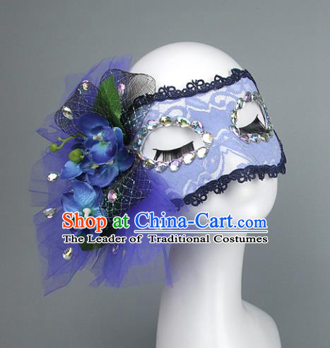 Top Grade Handmade Exaggerate Fancy Ball Accessories Blue Lace Mask, Halloween Model Show Ceremonial Occasions Face Mask