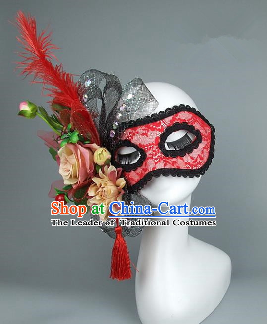 Top Grade Handmade Exaggerate Fancy Ball Accessories Red Lace Mask, Halloween Model Show Ceremonial Occasions Face Mask