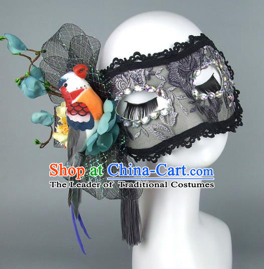Top Grade Handmade Exaggerate Fancy Ball Accessories Model Show Veil Black Lace Mask, Halloween Ceremonial Occasions Face Mask