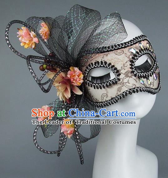 Top Grade Handmade Exaggerate Fancy Ball Accessories Model Show Veil Pink Flowers Mask, Halloween Ceremonial Occasions Face Mask