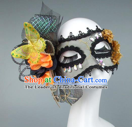 Top Grade Handmade Exaggerate Fancy Ball Accessories Black Veil Butterfly Mask, Halloween Model Show Ceremonial Occasions Face Mask