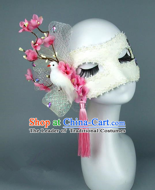 Top Grade Handmade Exaggerate Fancy Ball Accessories Peach Pink Flowers Pigeon Mask, Halloween Model Show Ceremonial Occasions Face Mask