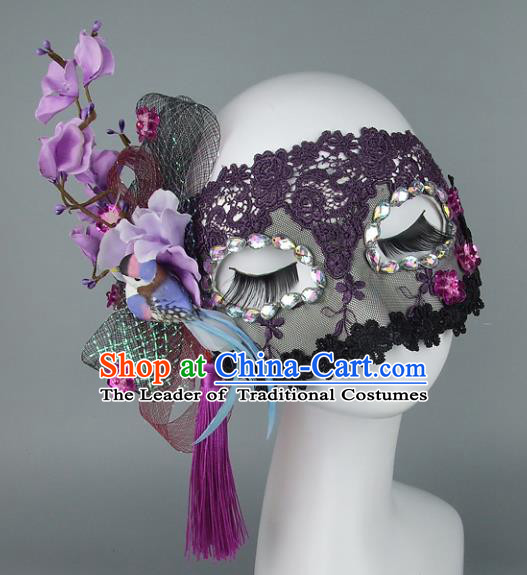 Top Grade Handmade Exaggerate Fancy Ball Accessories Purple Flowers Lace Mask, Halloween Model Show Ceremonial Occasions Face Mask