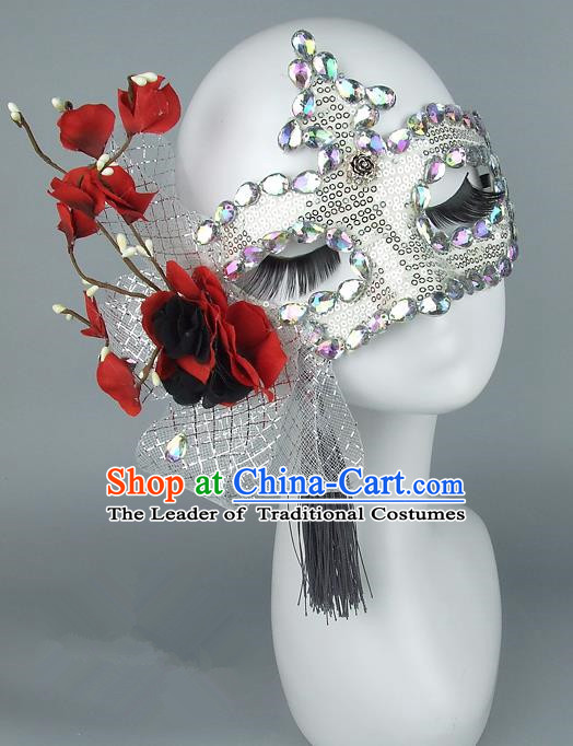 Top Grade Handmade Exaggerate Fancy Ball Accessories Red Flowers Paillette Mask, Halloween Model Show Ceremonial Occasions Face Mask