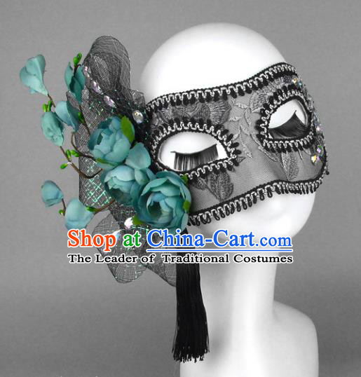 Top Grade Handmade Exaggerate Fancy Ball Accessories Green Flowers Lace Mask, Halloween Model Show Ceremonial Occasions Face Mask