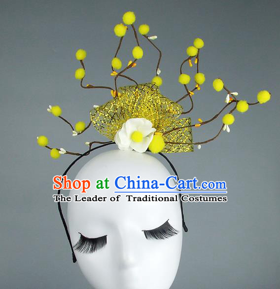 Handmade Halloween Yellow Flowers Hair Accessories Model Show Headdress, Halloween Ceremonial Occasions Miami Deluxe Exaggerate Fancy Ball Headwear