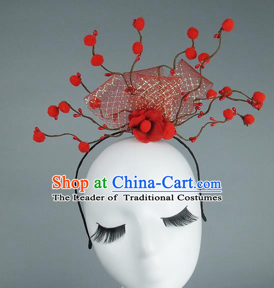 Handmade Halloween Red Flowers Hair Accessories Model Show Headdress, Halloween Ceremonial Occasions Miami Deluxe Exaggerate Fancy Ball Headwear