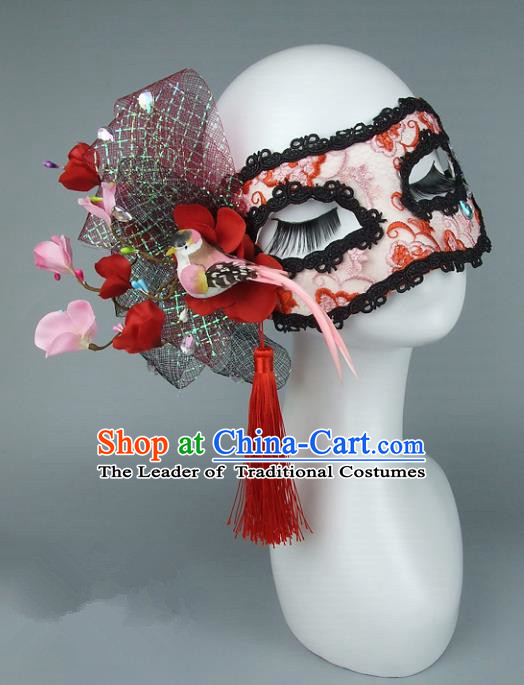 Top Grade Handmade Exaggerate Fancy Ball Accessories Red Lace Bowknot Mask, Halloween Model Show Ceremonial Occasions Face Mask