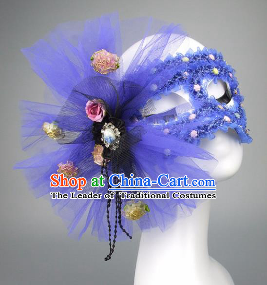 Handmade Halloween Fancy Ball Accessories Cat Blue Veil Mask, Ceremonial Occasions Miami Model Show Face Mask
