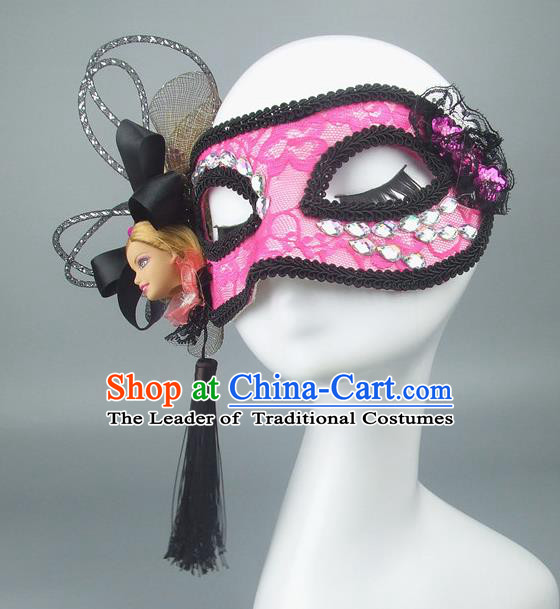 Handmade Halloween Fancy Ball Accessories Crystal Mask, Ceremonial Occasions Miami Model Show Pink Lace Face Mask