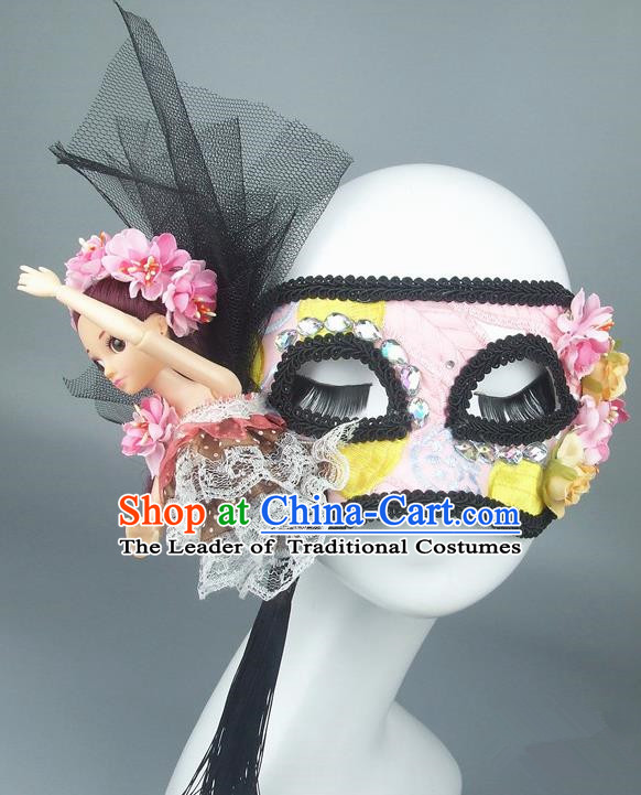 Handmade Halloween Fancy Ball Accessories Pink Mask, Ceremonial Occasions Miami Model Show Lace Face Mask