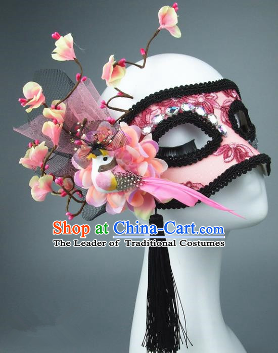 Handmade Halloween Fancy Ball Accessories Pink Flowers Mask, Ceremonial Occasions Miami Model Show Face Mask