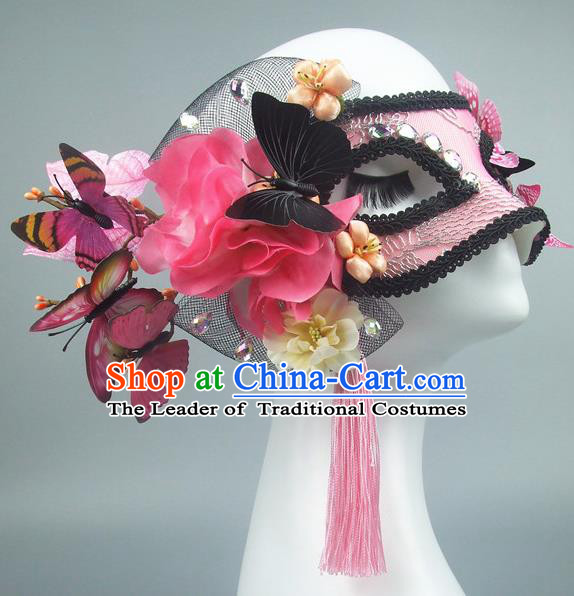 Handmade Halloween Fancy Ball Accessories Pink Lace Butterfly Mask, Ceremonial Occasions Miami Model Show Face Mask