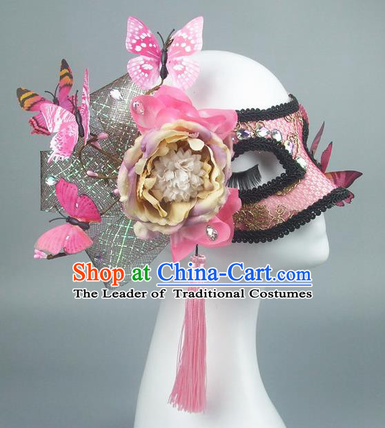 Handmade Halloween Fancy Ball Accessories Pink Flowers Butterfly Crystal Mask, Ceremonial Occasions Miami Model Show Face Mask