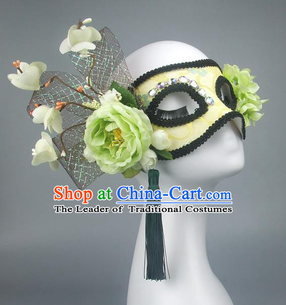 Handmade Halloween Fancy Ball Accessories Green Flowers Mask, Ceremonial Occasions Miami Model Show Crystal Face Mask