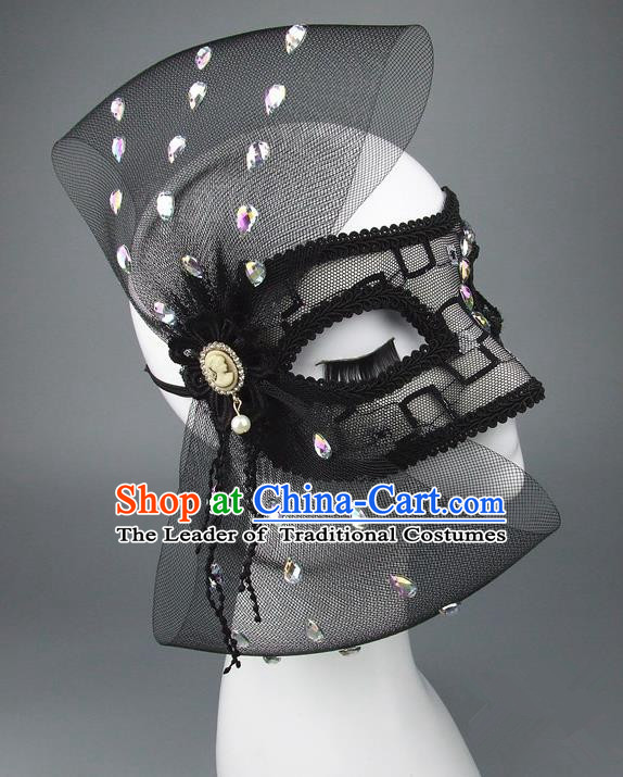 Handmade Halloween Fancy Ball Accessories Black Veil Bowknot Mask, Ceremonial Occasions Miami Model Show Face Mask