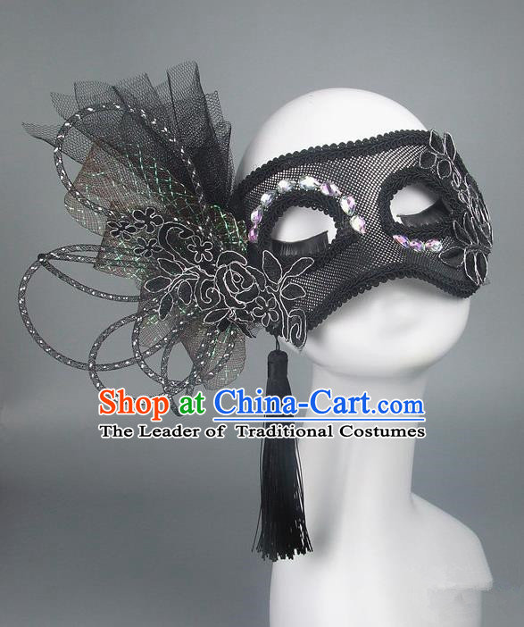 Handmade Halloween Fancy Ball Accessories Black Veil Mask, Ceremonial Occasions Miami Model Show Face Mask