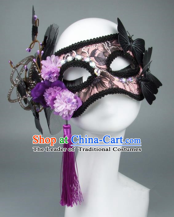 Handmade Halloween Fancy Ball Accessories Black Veil Butterfly Mask, Ceremonial Occasions Miami Model Show Face Mask
