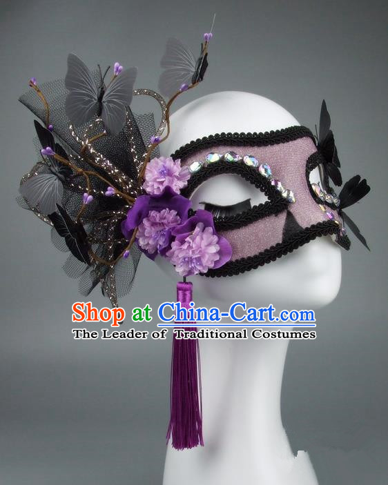 Handmade Halloween Fancy Ball Accessories Veil Butterfly Purple Flower Mask, Ceremonial Occasions Miami Model Show Face Mask
