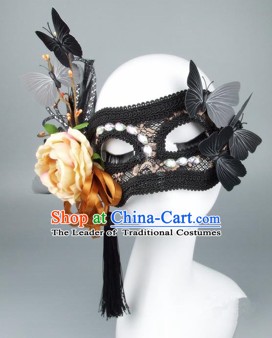 Handmade Halloween Fancy Ball Accessories Yellow Flower Lace Mask, Ceremonial Occasions Miami Model Show Face Mask