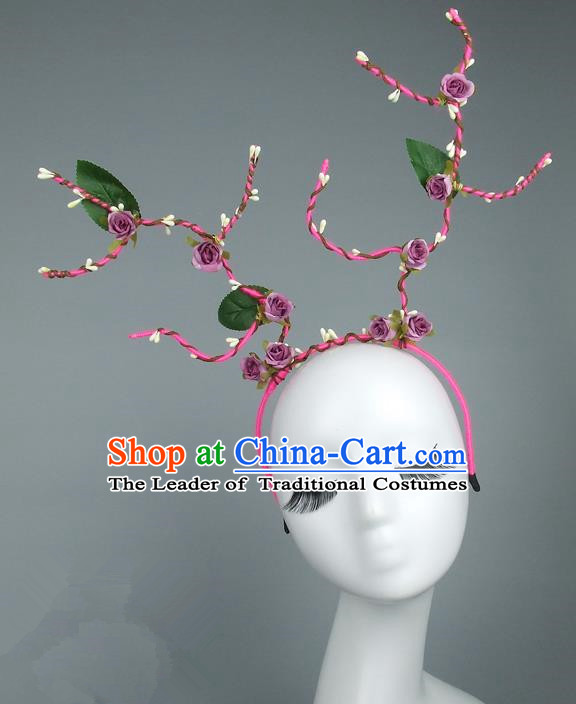 Handmade Halloween Fancy Ball Hair Accessories Purple Flowers Headwear, Ceremonial Occasions Miami Model Show Headdress