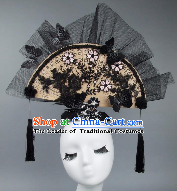 Handmade Asian Chinese Fan Hair Accessories Lace Flowers Butterfly Headwear, Halloween Ceremonial Occasions Miami Model Show Tassel Headdress