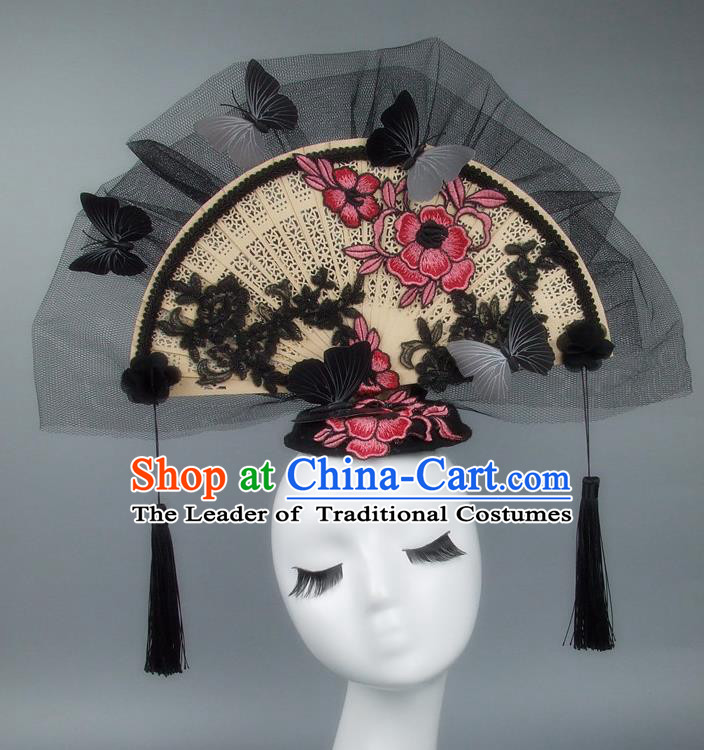 Handmade Asian Chinese Fan Hair Accessories Pink Lace Flowers Butterfly Headwear, Halloween Ceremonial Occasions Miami Model Show Tassel Headdress