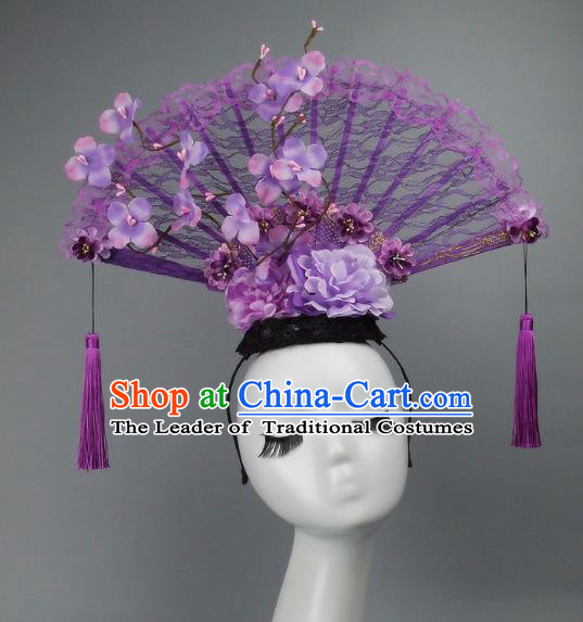 Handmade Asian Chinese Fan Hair Accessories Purple Lace Tassel Headwear, Halloween Ceremonial Occasions Manchu Model Show Headdress