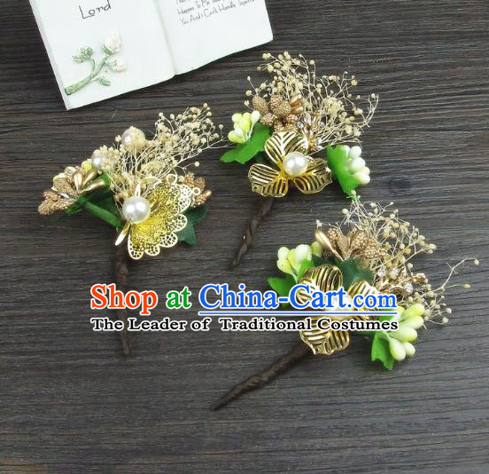 Top Grade Handmade Wedding Hair Accessories Golden Flowers Hair Stick, Baroque Style Bride Headwear for Women