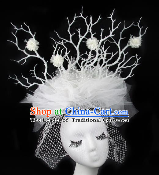 Handmade Exaggerate Fancy Ball Hair Accessories White Veil Branch Headwear, Halloween Ceremonial Occasions Model Show Headdress