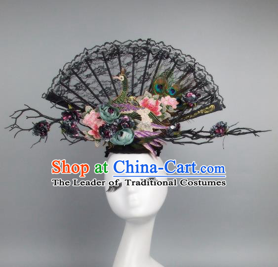 Handmade Asian Chinese Fan Hair Accessories Flowers Black Lace Headwear, Halloween Ceremonial Occasions Manchu Model Show Headdress