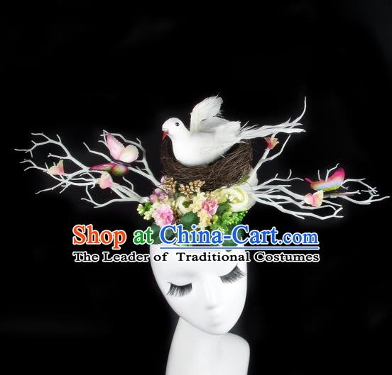 Handmade Exaggerate Fancy Ball Hair Accessories Branch Butterfly Headwear, Halloween Ceremonial Occasions Model Show Headdress