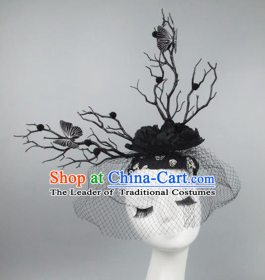 Handmade Exaggerate Fancy Ball Hair Accessories Branch Black Top Hat, Halloween Ceremonial Occasions Model Show Headdress