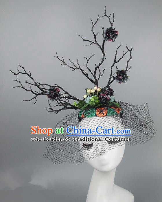 Handmade Exaggerate Fancy Ball Hair Accessories Branch Colorful Top Hat, Halloween Ceremonial Occasions Model Show Headdress