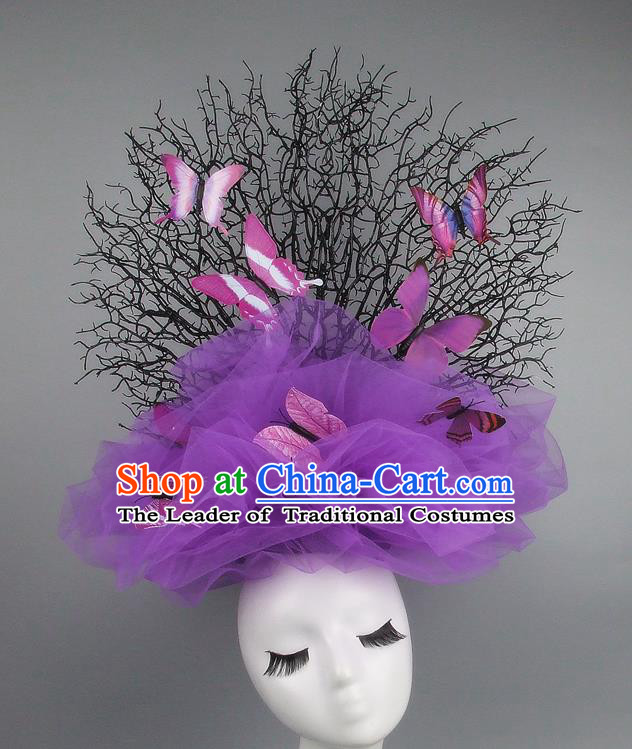 Handmade Exaggerate Fancy Ball Hair Accessories Purple Veil Butterfly Headwear, Halloween Ceremonial Occasions Model Show Headdress