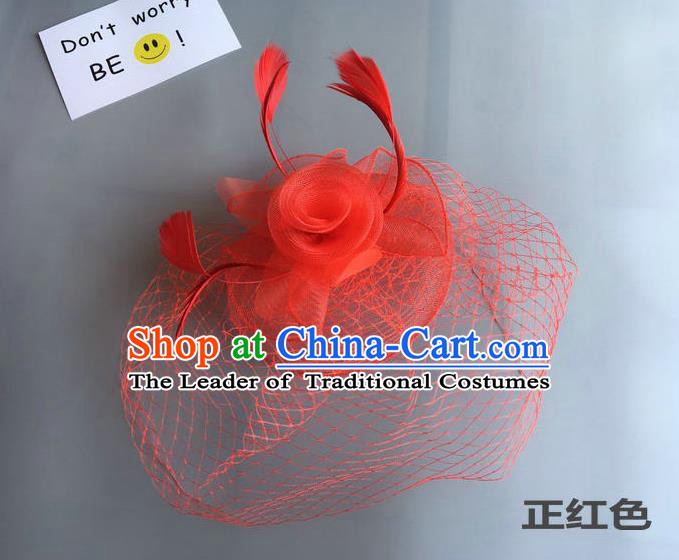 Top Grade Handmade Wedding Hair Accessories Red Feather Veil Headwear, Baroque Style Bride Silk Headdress for Women